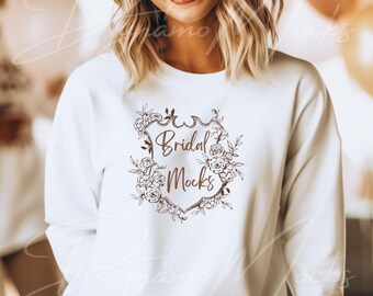 Bachelorette Mockup | White Gildan 18000 Mockup Crewneck | Trendy Boho Female Model | Bridal Mockup | Bride Party Balloons Festive Shower