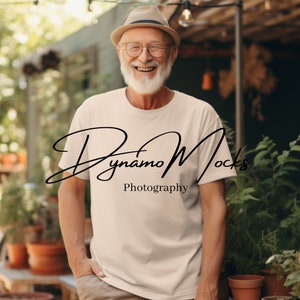 Natural Bella Canvas 3001 Mockup | Short Sleeve Shirt | Senior Man Mock | Elderly Guy Gardening | Diverse Men | Grandpa Papa