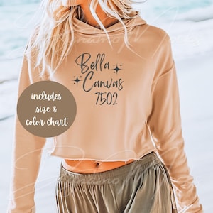 Bella Canvas 7502 Mockup, Peach Crop Fleece Hoodie Mockup, Cropped Sweatshirt Mockup, Beach Mockup, Bella 7502 Size Chart