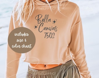 Bella Canvas 7502 Mockup, Peach Crop Fleece Hoodie Mockup, Cropped Sweatshirt Mockup, Beach Mockup, Bella 7502 Size Chart