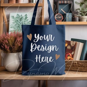 Tote Bag Mockup | Navy Canvas Tote Bag Mock Up | Boho Flowers Preppy Aesthetic | Minimalist Shopping Bag