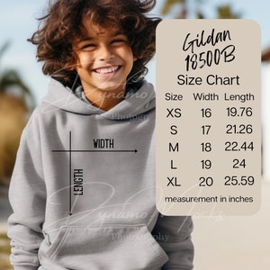 Gildan 18500b Größentabelle, Gildan Hoodie Größenmessungen, Gildan 18500b Mockup, Jugend Sweatshirt Größentabelle