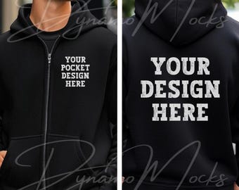 Black Gildan 18600 Mockup | Black Front Back Zip Up Hoodie Mockup | Male Sweatshirt Mock Up | 18600 Back | Full Zipper Hoodie Mocks