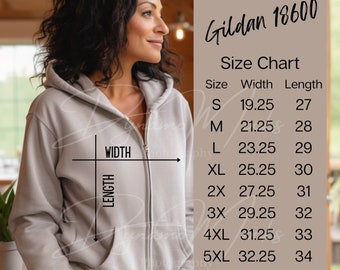 Gildan 18600 Size Chart, Gildan Zip Up Hoodie Sweatshirt Size Measurements, Gildan 18600 Mockup, Full Zipper Hoodie Sizing Chart Mock