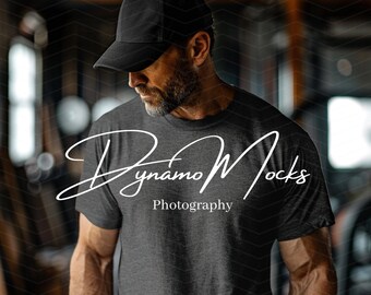Dark Heather Bella Canvas 3001 Mockup, Mens Gym Shirt Mockup, Male Fitness Model TShirt, Exercise Weightlifting Bodybuilder Personal Trainer