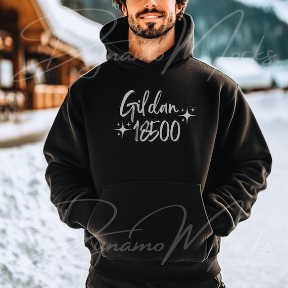 Black Gildan 18500 Mockup | Black Hoodie Mockup | Male Sweatshirt Winter Mockup | Diverse Men | Oversize Trendy Aesthetic