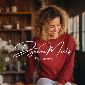 Red Gildan 18000 Mockup | Red Crewneck Sweatshirt Mockup | Boho Modern Mom | Lifestyle Mock Up | Diverse Female Mocks