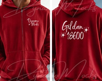 Gildan 18600 Mockup, Red Front Back Zip Up Hoodie Mockup, Male Sweatshirt Mockup, Red Gildan 18600 Back, Full Zipper Hoodie Mockup
