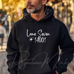 May include: Black hooded sweatshirt with white text that reads "Lane Seven 14001" with two small white stars above the number.