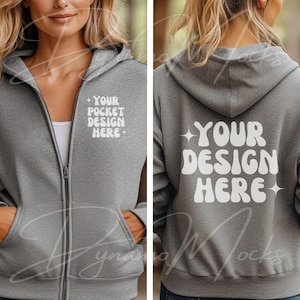 Könnte beinhalten: Ein grauer Kapuzenpullover mit Reißverschluss, einer Tasche auf der Vorderseite und einem großen Aufdruck auf der Rückseite. Der Text auf der Tasche lautet "Your Pocket Design Here" und der Text auf der Rückseite lautet "Your Design Here".
