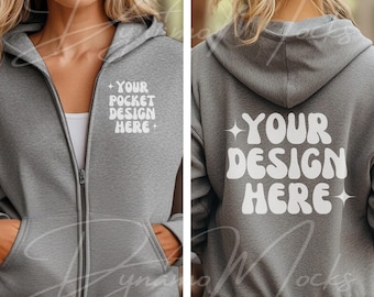 Sport Gray Gildan 18600 Mockup | Front Back Zip Up Hoodie Mockup | Female Sweatshirt Sport Gray Mock Up | Full Zipper Hoodie Mocks