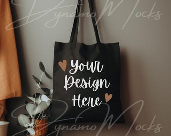 Maqueta de bolso de mano / Maqueta de bolso de mano de lona negra estilo bohemio / Bolso de compras minimalista