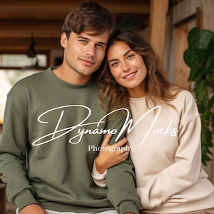 Couples Mockup | His Hers Crewneck Sweatshirts | Military Green Sand Gildan 18000 Crew Mockup | Honeymoon Wedding Anniversary