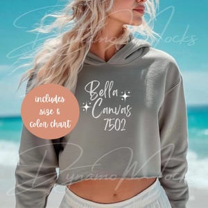 Bella Canvas 7502 Mockup, Storm Crop Fleece Hoodie Mockup, Cropped Sweatshirt Mockup, Beach Mockup, Bella 7502 Size Chart