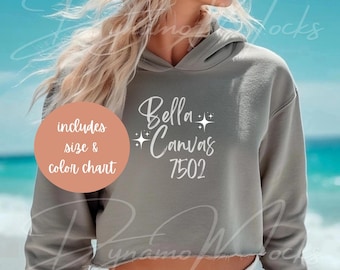 Bella Canvas 7502 Mockup, Storm Crop Fleece Hoodie Mockup, Cropped Sweatshirt Mockup, Beach Mockup, Bella 7502 Size Chart