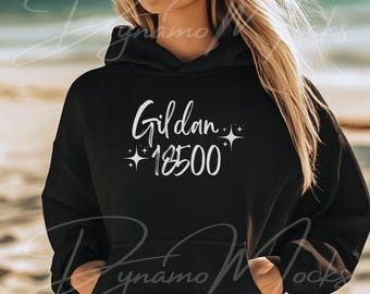 Gildan 18500 Mockup, Czarny Mockup Bluzy Z Kapturem, Czarny Mockup Gildan, Czarny Mockup 18500, Bluza Outdoor Mockup. Oversize Trendy Estetyka