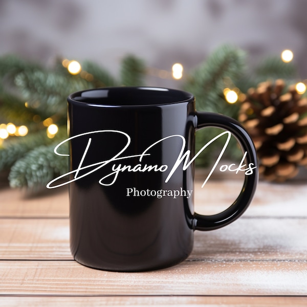 Christmas Black Mug Mockup | Coffee Cup Mock | 11 oz Black Mug Mocks | Holidays Festive Mug Mockup | Trendy Rustic Modern Aesthetic