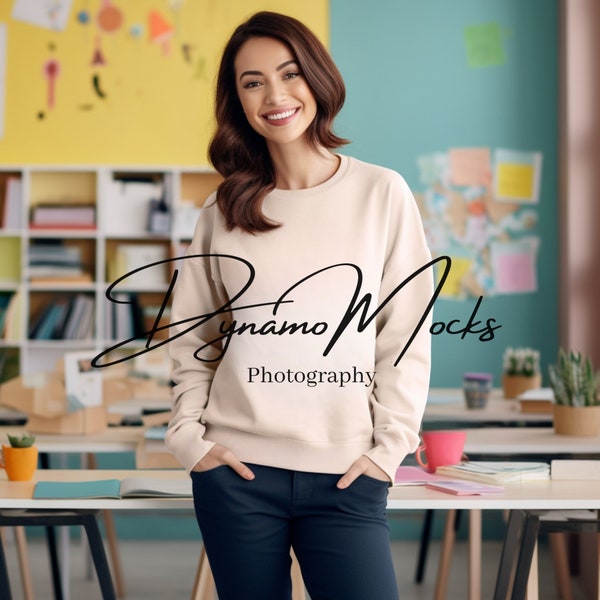 Teacher Mockup | Gildan 18000 Mockup Sand Crewneck Sweatshirt | Female School Teacher | Art Math Science Teacher | Back to School Mockup