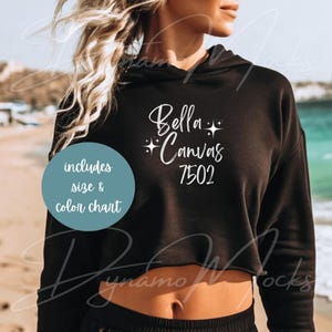 Bella Canvas 7502 Mockup, Black Crop Fleece Hoodie Mockup, Cropped Sweatshirt Mockup, Beach Mockup, Bella 7502 Size Chart