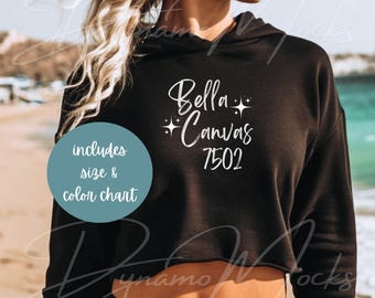 Bella Canvas 7502 Mockup, Black Crop Fleece Hoodie Mockup, Cropped Sweatshirt Mockup, Beach Mockup, Bella 7502 Size Chart