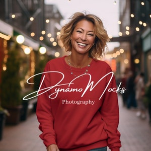 Red Gildan 18000 Mockup | Red Crewneck Sweatshirt Mockup | Boho Modern Mom | Lifestyle Mock Up | Diverse Female Mocks