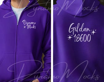 Gildan 18600 Mockup, Purple Front Back Zip Up Hoodie Mockup, Male Sweatshirt Mockup, Purple Gildan 18600 Back, Full Zipper Hoodie Mockup