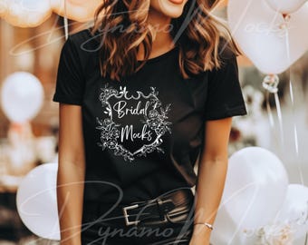 Bachelorette Mockup | Black Bella Canvas 3001 Mockup | Trendy Boho Female Model | Bridal Mockup | Bride Party Balloons Festive Shower