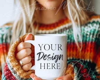 Maqueta de taza blanca, maqueta de taza de café, maquetas de tazas blancas de 15 oz, estética bohemia minimalista de moda, maqueta de taza para mujer