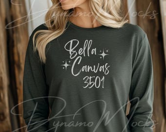 Bella Canvas 3501 Mockup, Heather Forest Green Bella Canvas 3501CVC Mockup, Bella Long Sleeve Shirt Mockup, BC3501 Mockup