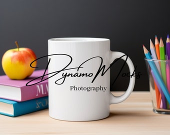 Teacher White Mug Mockup | Coffee Cup Mock for Teacher Gift | 11 oz White Mug Mocks | Art Science Math Educator Mug Mockup | Books Pencils