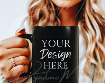 Black Mug Mockup, Coffee Cup Mock, 11oz Black Mug Mocks, Trendy Boho Aesthetic Minimalist, Cream Sweater Female Woman Mug Mock