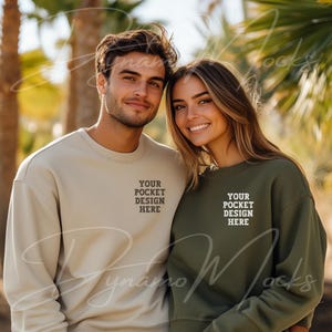 Couples Mockup | His Hers Crewneck Sweatshirts | Military Green Sand Gildan 18000 Crew Mockup | Honeymoon Wedding Anniversary