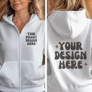 White Gildan 18600 Mockup | White Front Back Zip Up Hoodie Mockup | Female Sweatshirt Mock Up | Diverse Women | Full Zipper Hoodie Mocks