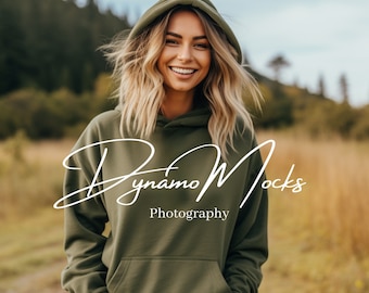 Military Green Gildan 18500 Mockup | Military Green Hoodie Mockup | Female Sweatshirt Mock Up | Diverse Women | Oversize Trendy Aesthetic