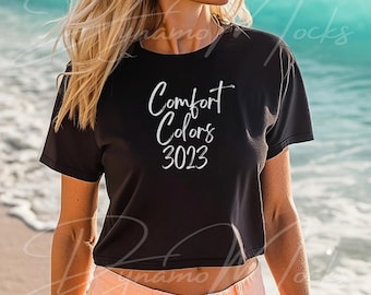 Black Boxy Tee Comfort Colors Mockup, Black 3023CL Mockup, Beach Mockup, Female Model Mock, Boho Aesthetic, Boxy Tee Mockup