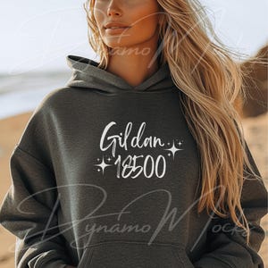 Pode incluir: Uma camisa de moletom cinza escura com capuz com o texto "Gildan 18500" em letras brancas. A camisa de moletom tem um cord&atilde;o branco e uma pequena estrela branca de cada lado do texto.