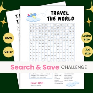 Word Search Savings Challenge Printable Fun Savings Challenge Travel Themed Cash Stuffing Travel The World Money Savings Challenge