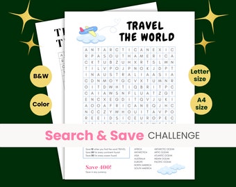 Word Search Savings Challenge Printable Fun Savings Challenge Travel Themed Cash Stuffing Travel The World Money Savings Challenge