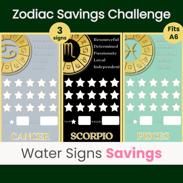 Zodiac Savings Challenge, Zodiac Water Signs, Cancer, Scorpio, Pisces, Birthday Savings Challenge, Mini Savings Challenge, Star Savings