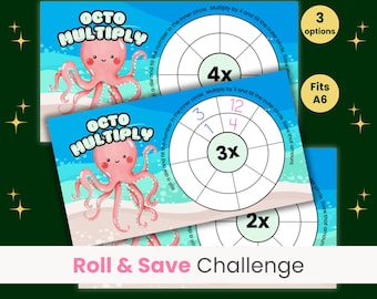 May include: A printable game for kids featuring an octopus with a colorful wheel. The wheel has numbers 1, 2, 3, 4, and 12. The text on the game says "Octo Multiply" and "Roll & Save Challenge".