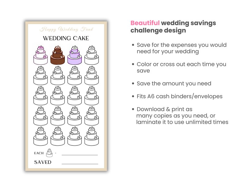 Beautiful wedding savings challenge for budgeting your dream wedding cost. Fits A6 cash binders and envelopes.