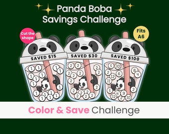 Cute Panda Boba Savings Challenge, Mini Savings Challenge, One Dollar Savings, Two Dollar Savings, Save 100, Bubble Tea Savings Tracker