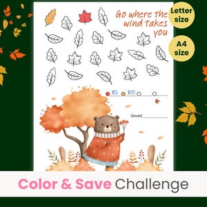 Herbst-Herbst-Spar-Challenge, Thanksgiving-Ersparnis, niedliche Bären-Spar-Challenge, Geh wohin der Wind dich trägt, Letter-Größe, A4-Größe