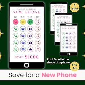 May include: A printable savings challenge chart designed to look like a phone. The chart has a pink, green, yellow, and blue color scheme. The chart has a title that says "Savings Challenge New Phone". The chart has a total savings goal of $1000. The chart has a note that says "Print & cut in the shape of a phone".