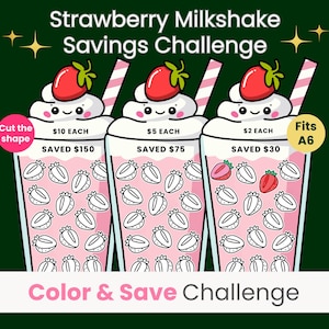 May include: A digital savings challenge with three cartoon strawberry milkshakes, each topped with whipped cream and a strawberry. The text says "Strawberry Milkshake Savings Challenge" and "Color & Save Challenge". Each milkshake has a different savings target.