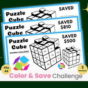 Puede incluir: Un desafío de colorear y ahorrar imprimible con un diseño de cubo de rompecabezas. El desafío es colorear los cuadrados del cubo y ahorrar dinero. La imagen incluye tres versiones del desafío, con diferentes cantidades para ahorrar. El texto en la imagen dice "Puzzle Cube Savings Challenge", "Save $5/square", y "3 Versions".
