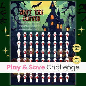 Cierra el ataúd, cierra el desafío de ahorros de la caja, desafío de ahorros de Halloween, tira los ahorros de dados, juego de Halloween, tamaño carta, tamaño A4