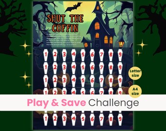 May include: A Halloween-themed game board with a spooky house and pumpkins. The game is called "Shut the Coffin" and involves rolling dice and crossing out numbers on the board. The board is printed on A4 size paper.