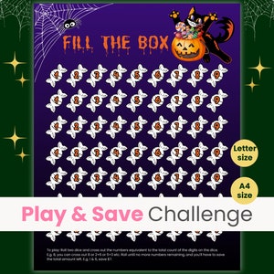 Può includere: Un tabellone di gioco stampabile a tema Halloween con sfondo viola e un gatto nero che tiene una zucca. Il tabellone di gioco è pieno di mais dolce bianco con i numeri da 1 a 9. Il testo "FILL THE BOX" è in cima al tabellone. Il testo "Play & Save Challenge" è in fondo al tabellone. Il testo "Letter size" e "A4 size" sono sul lato destro del tabellone.