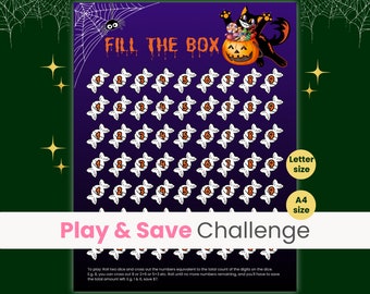 May include: A printable Halloween-themed game board with a purple background and a black cat holding a pumpkin. The game board is filled with white candy corn with numbers 1 through 9. The text "FILL THE BOX" is at the top of the board. The text "Play & Save Challenge" is at the bottom of the board. The text "Letter size" and "A4 size" are on the right side of the board.